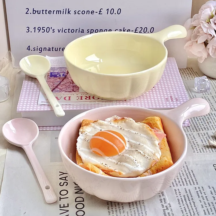 ins风奶油色陶瓷烤碗手柄碗螺蛳粉泡面碗汤碗家用沙拉焗碗餐具LX