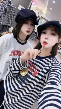 6636印花字母条纹风景宽松型长袖T恤韩版套头时尚休闲