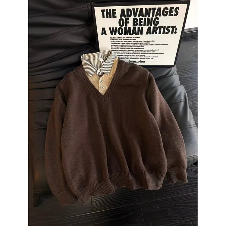 老钱风假两件v领毛衣男款冬季美拉德针织衫美式复古潮牌情侣外套