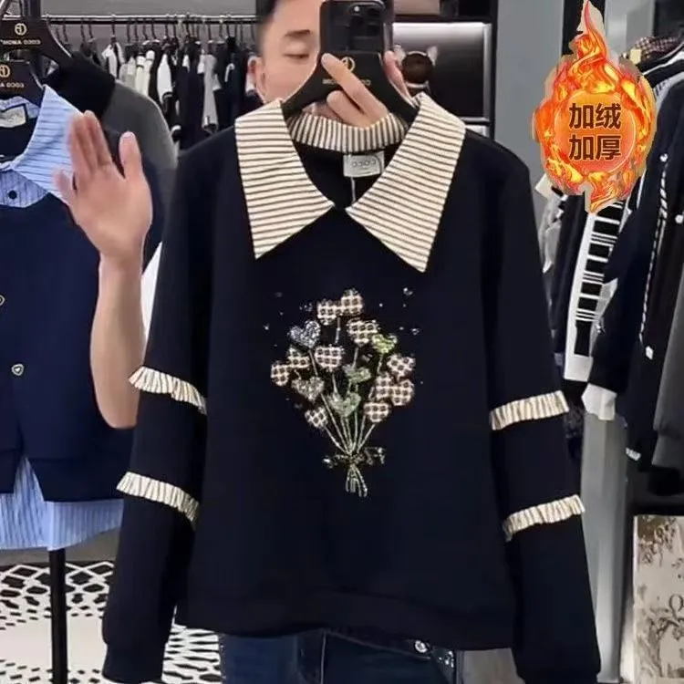 大码女装遮肚子假两件娃娃领加绒卫衣女秋冬胖妹妹宽松显瘦打底衫