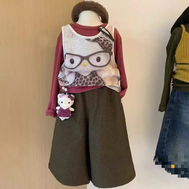 女童秋季多巴胺上衣新款可爱kitty猫背心打底衫百搭阔腿裤三件套