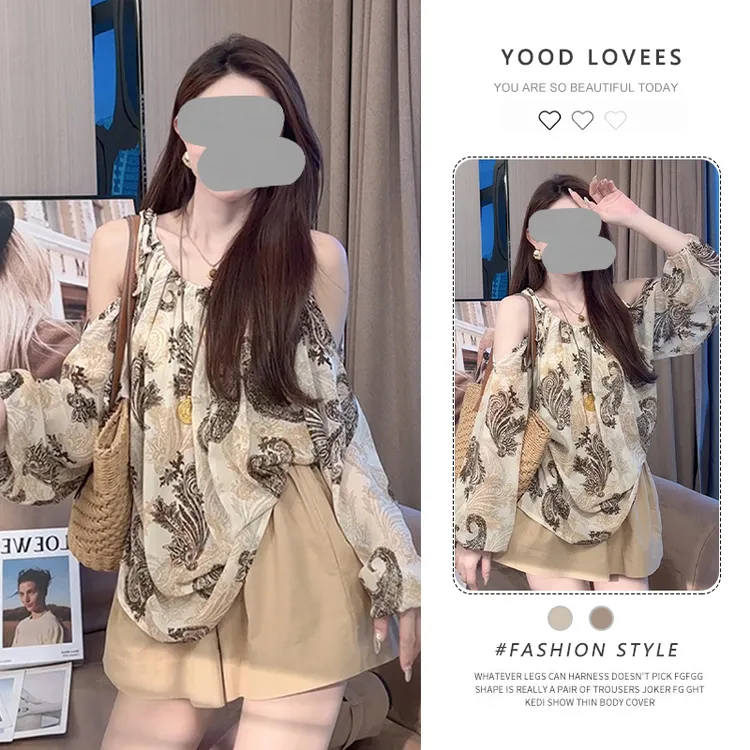 2025夏新款时尚洋气套装印花气质露肩挂脖衬衫上衣休闲短裤两件套