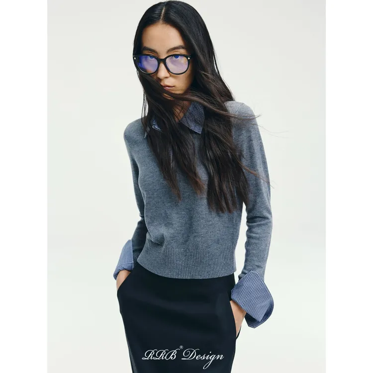 RRB Design 「特蕾莎」羊毛拼接格纹修身时髦简约假两件长袖上衣