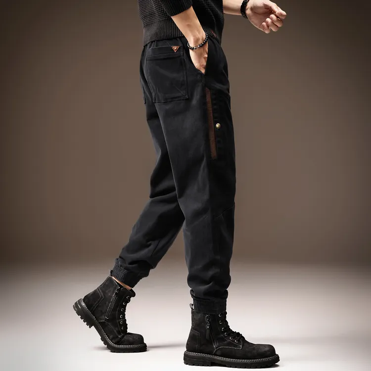 高端美式潮牌束脚工装裤男宽松舒适弹力秋季新款系带拼接休闲裤子