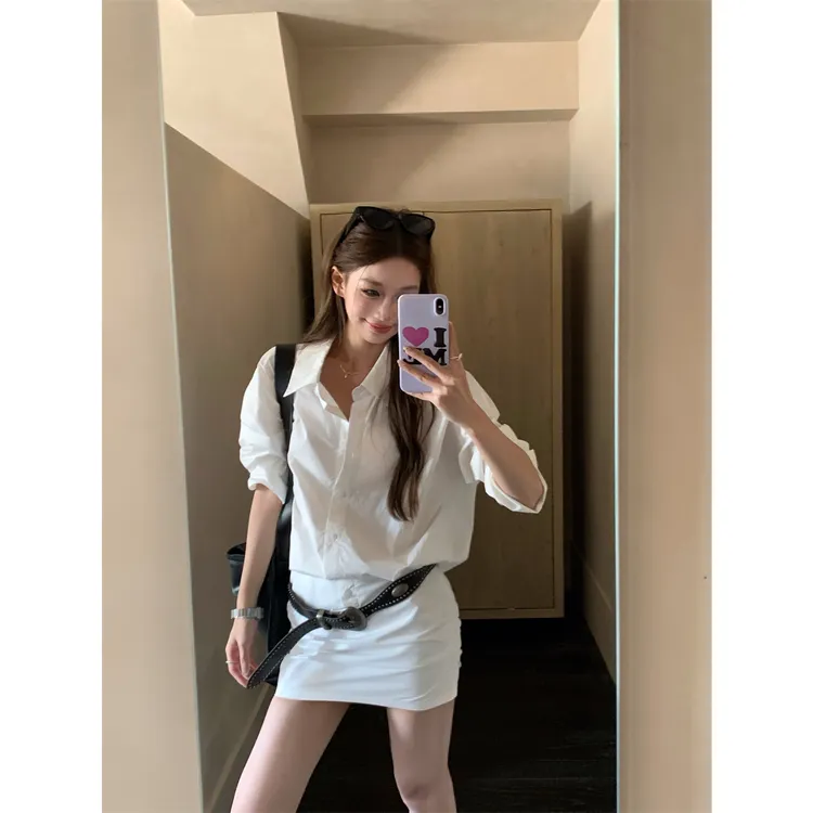 条纹序曲白色长袖衬衫连衣裙女夏修身短款包臀裙子显瘦气质时尚