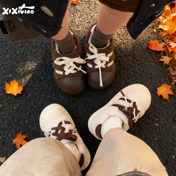 细细条 冬季加绒加厚毛毛面包鞋板鞋女外穿时尚防滑保暖系带棉鞋