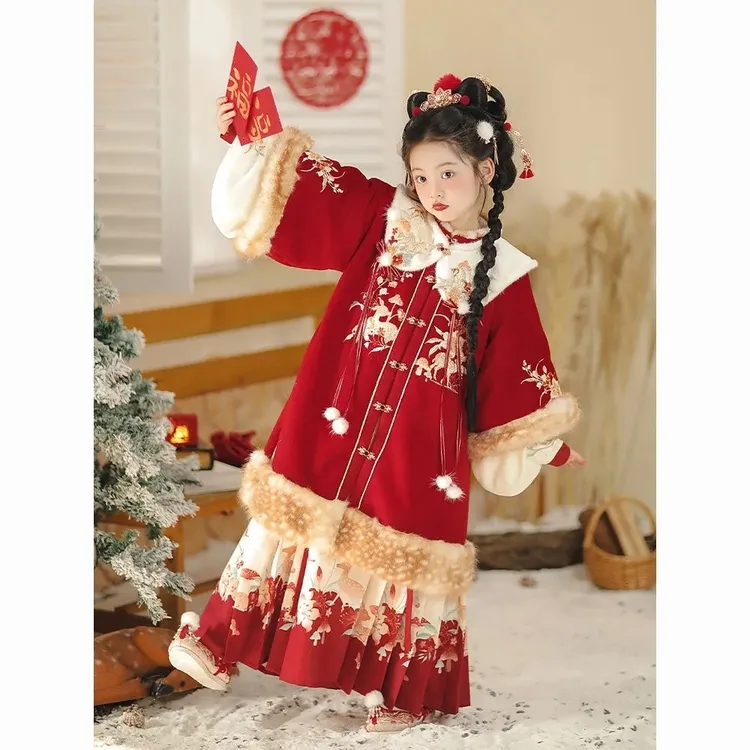 XXGZ07【灵鹿贺春】新款汉服女童冬季拜年加绒加厚唐装中国过年套装
