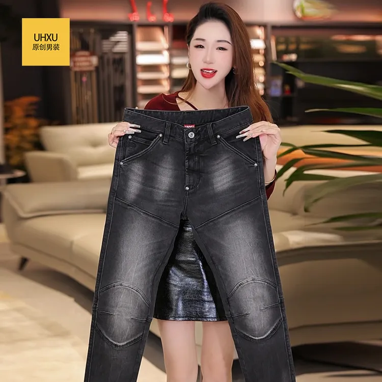 UHXU秋冬新款重磅高端轻奢牛仔裤男美式复古高街牛仔工装休闲长裤