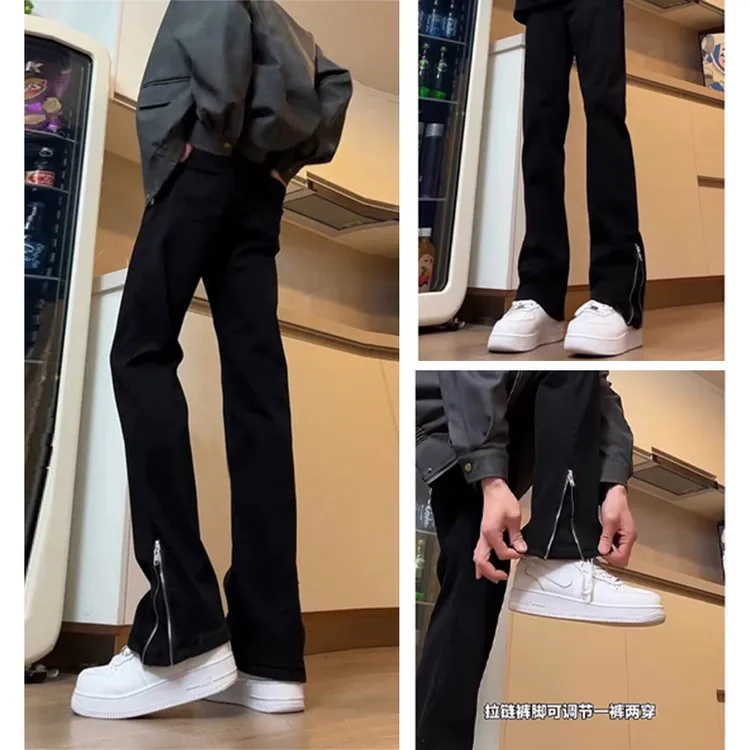 高街痞帅vibe风裤子男款侧拉链微喇黑色加绒牛仔裤显瘦高腰直筒裤