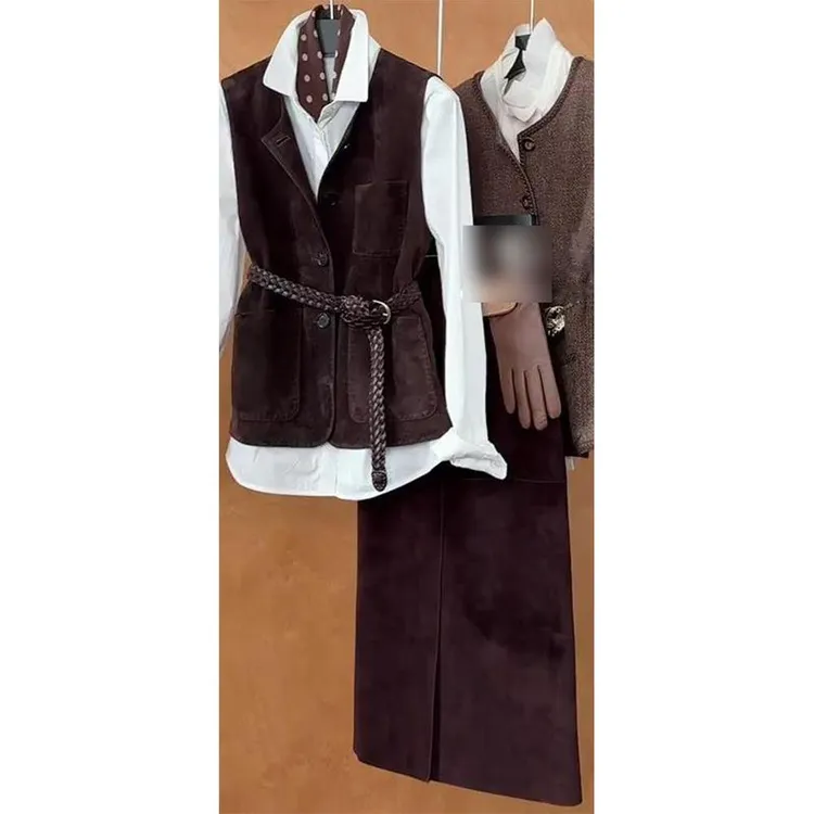 秋季套装女2025新款巨好看的美拉德时尚复古衬衫马甲半身裙三件套