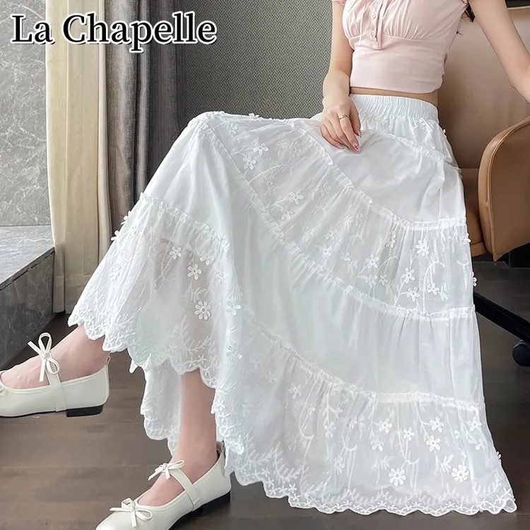 拉夏贝尔夏季新款提花刺绣白色蕾丝半身裙百搭甜美高腰显瘦中长裙