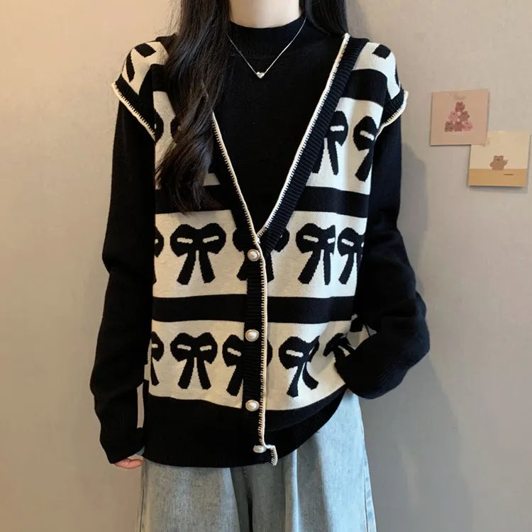 秋冬马甲假两件毛衣针织衫女显瘦胖MM宽松遮肚子半高领打底衫上衣