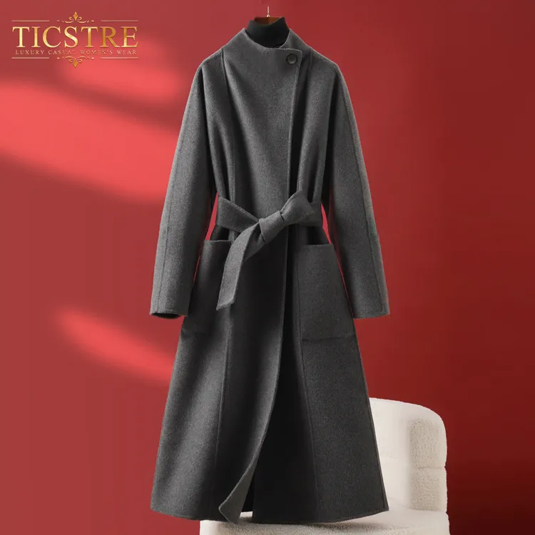 TICSTRE立领宽松中长款双面羊绒大衣女秋冬新款高级感羊毛外套