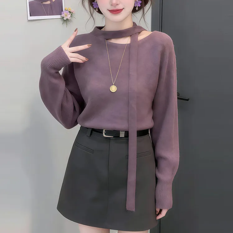 M1050法式气质飘带圆领长袖针织衫女宽松显瘦高级感针织