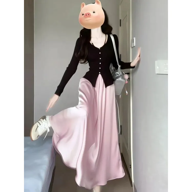 黑色设计感短款长袖针织开衫女装秋季打底衫辣妹修身显瘦开叉上衣