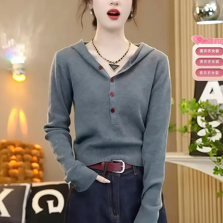 春秋新款复古休闲连帽针织衫女时尚洋气百搭短款长袖套头内搭上衣