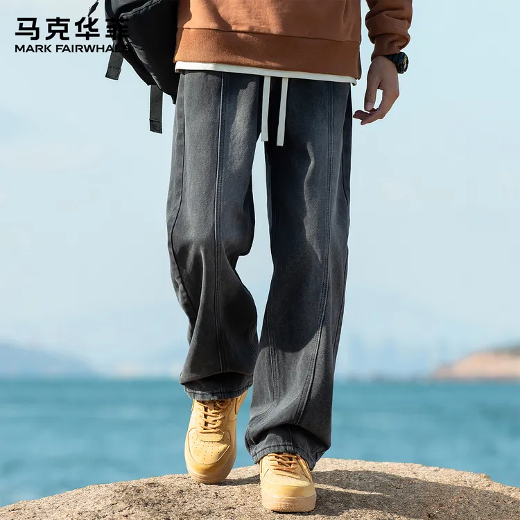 马克华菲拼接解构牛仔裤男士秋冬季2025新款保暖潮流休闲直筒长裤