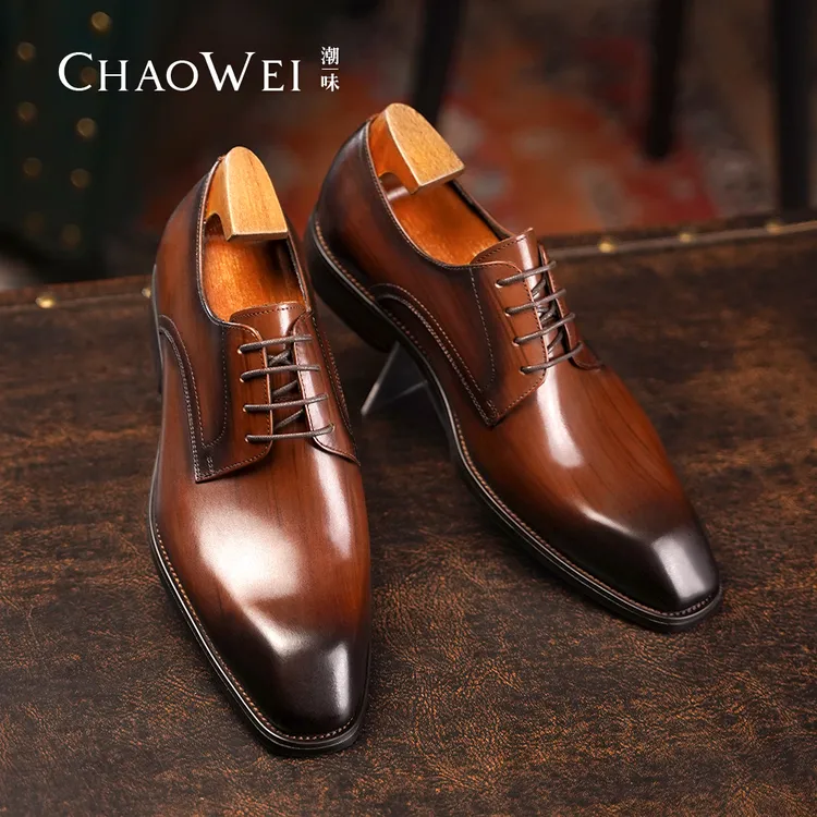 潮味工厂德比方头真皮透气男士皮鞋系带正装商务休闲皮鞋时尚G08
