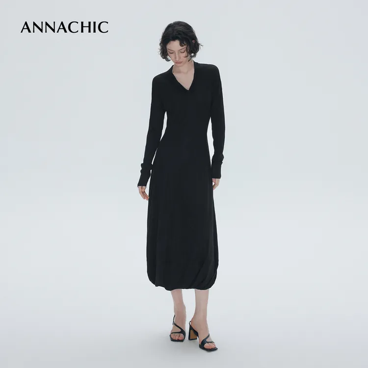 ANNACHIC时髦懒人_双层立体褶皱花苞长袖针织连衣裙/修身打底裙子