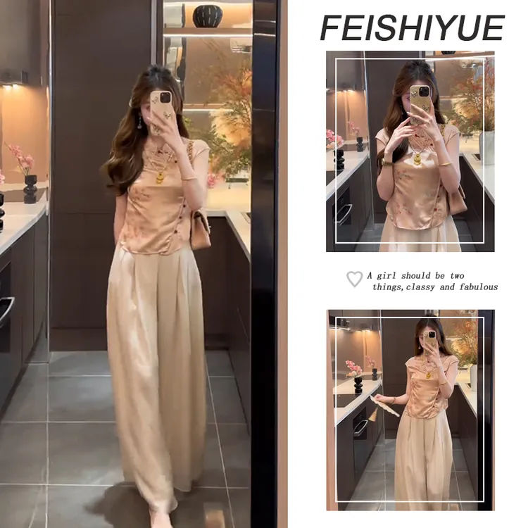 夏季穿搭一整套女2025新中式风甜美减龄上衣百搭休闲裤两件套