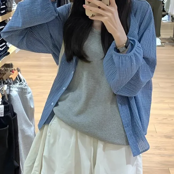 防晒外搭衬衫圆领上衣长袖纯色外套宽松格子拼接休闲百搭韩版