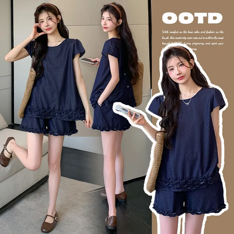 孕妇装时尚简约休闲显瘦套装女夏花边拼接短袖慵懒舒适短裤两件套