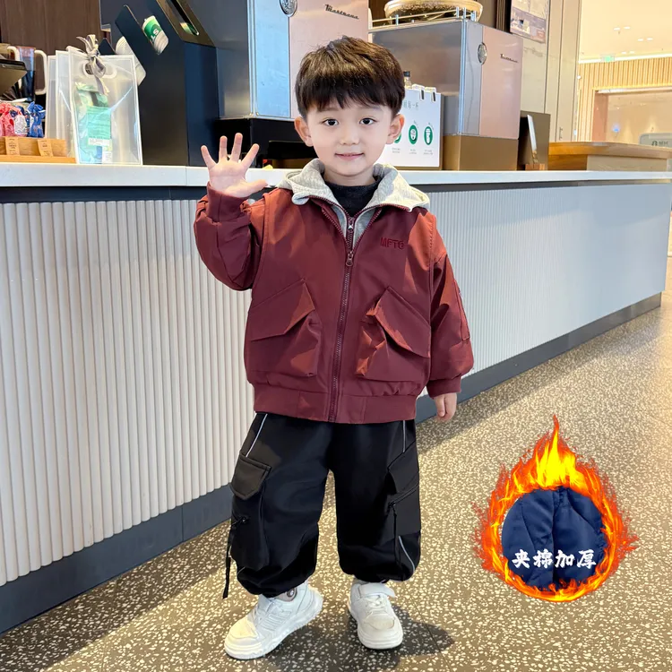 男童秋冬加厚外套2025新款洋气中小儿童冬装男孩夹克保暖连帽衣服