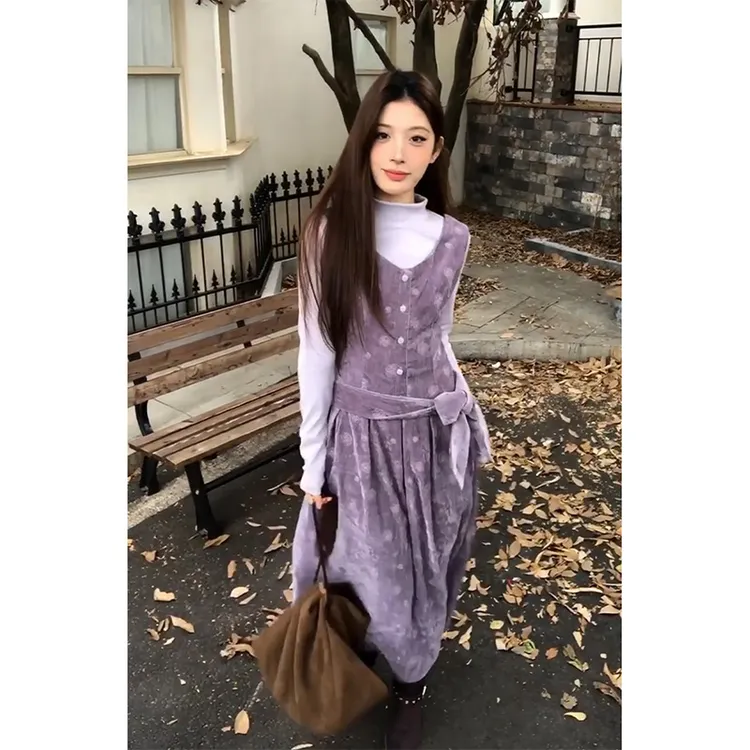 MARIE.COCO法式温柔风紫色背心连衣裙叠穿内搭修身打底衫套装女