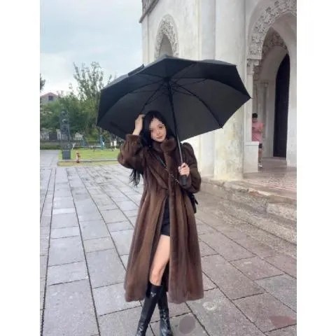 天鹅绒级水貂毛皮草外套整貂皮大衣女中长款立领冬季短款皮毛