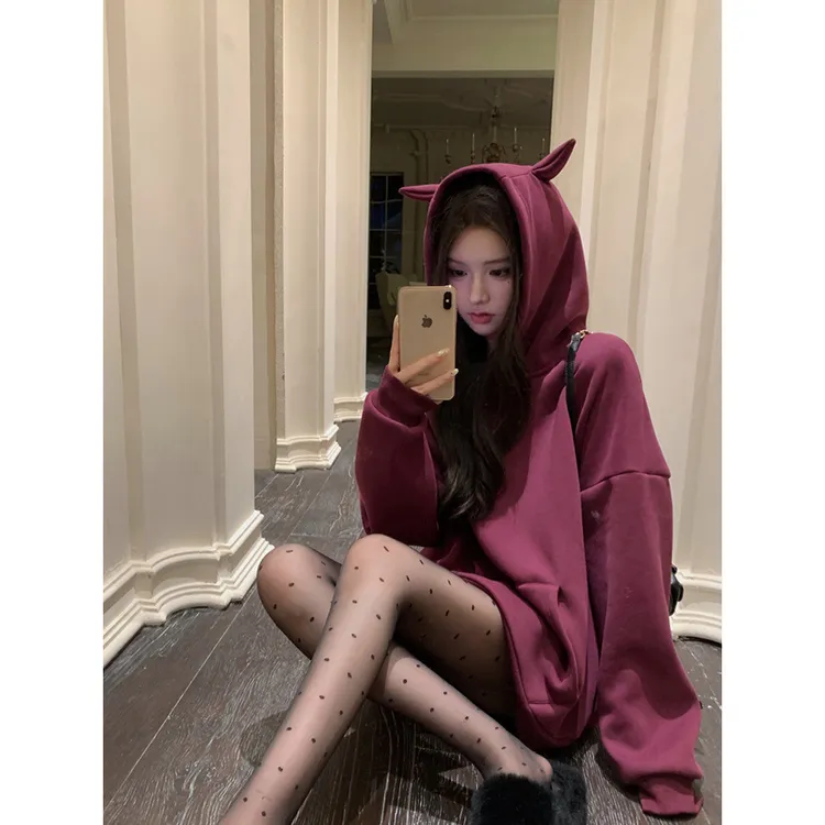 美式复古小恶魔连帽紫色卫衣女冬季新款慵懒风oversize中长款上衣