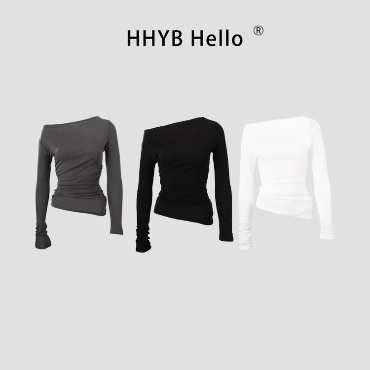 HHYB Hello2025新款不规则斜肩堆堆打底衫女露肩长袖T恤250760