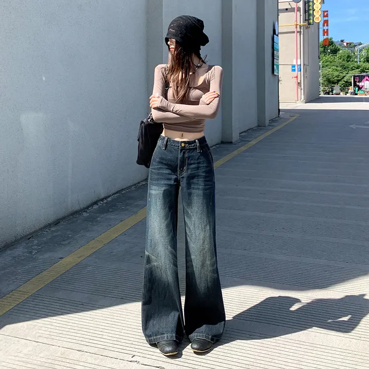 GL 软薄复古蓝阔腿牛仔裤子女夏季新款高腰直筒宽松百搭拖地显瘦