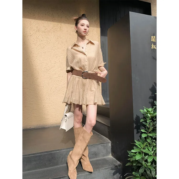 韩系气质休闲百搭设计感翻领衬衫连衣裙赠送腰带收腰显瘦a字短裙