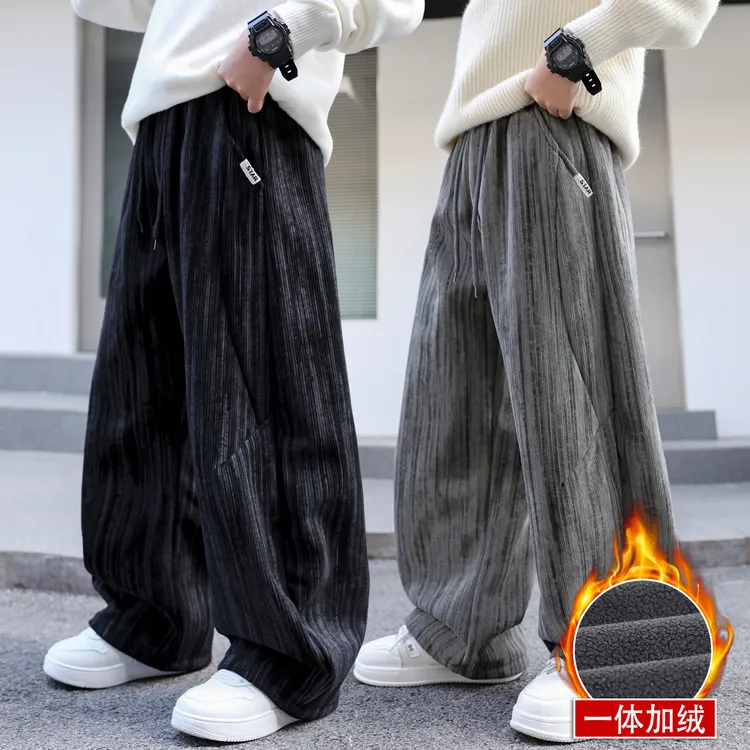 男童秋冬款加绒加厚纯色休闲裤2025年中大童裤子儿童百搭保暖卫裤