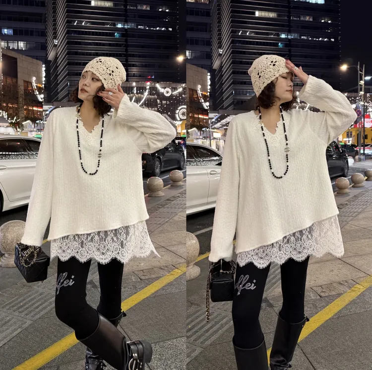 YDFSTUDIO小众【时光礼赞】欧货重工高品蕾丝V领拼接设计时尚上衣