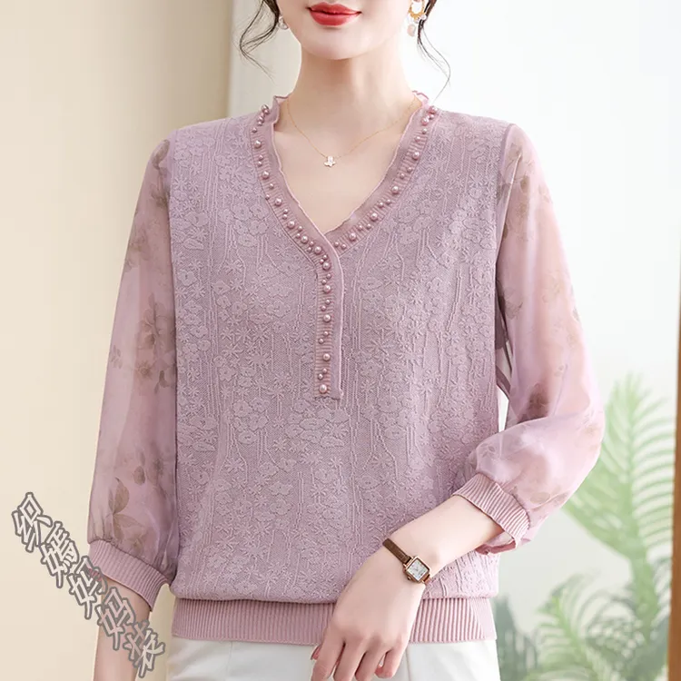 妈妈春秋季时尚打底衫2025新款中老年女装纱袖宽松显瘦气质两件套