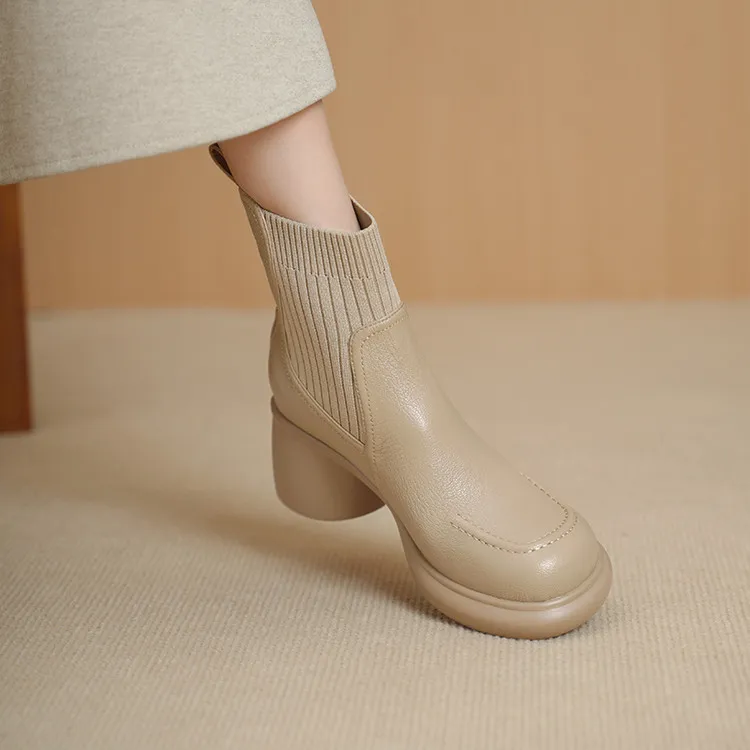 柔软小羊皮~6.5cm舒适超轻厚底短靴真皮单靴英伦风复古粗跟女短靴