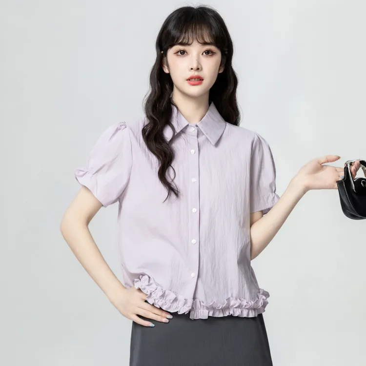 法式紫色POLO领短袖衬衫女夏2025夏季新款木耳边泡泡袖衬衣短上衣