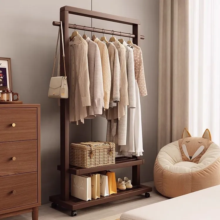 房间挂衣架实木落地卧室衣帽架客厅新中式民宿衣服架可移动置衣架