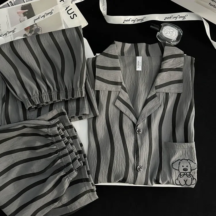 男士睡衣夏季三件套简约高级感青少年家居服套装云朵棉透气薄款