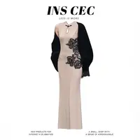 INS CEC新中式国风秋季新款无袖旗袍连衣裙子女蕾丝拼接披肩套装