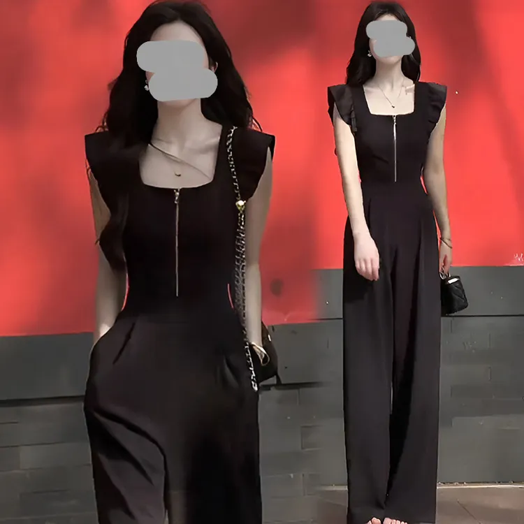 网红爆款时尚连体衣裤女2026夏季新款设计感方领木耳袖显瘦阔腿裤