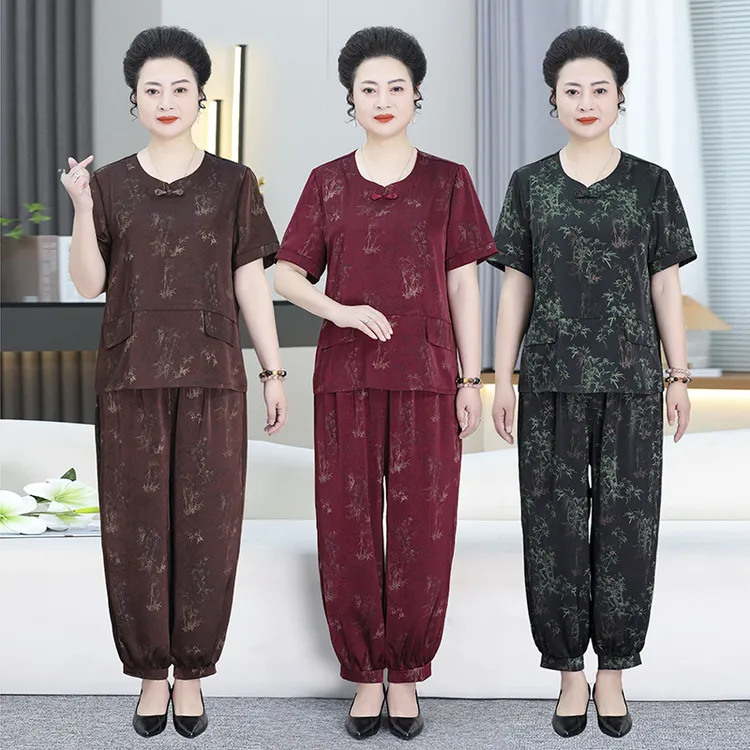 大码妈妈装夏季新款树叶花烫金套装中老年妈妈时尚洋气两件套2553