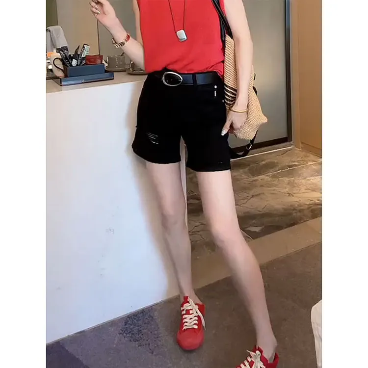 高腰薄款宽松直筒A字短裤女夏季新款时尚黑色显瘦四分破洞牛仔裤