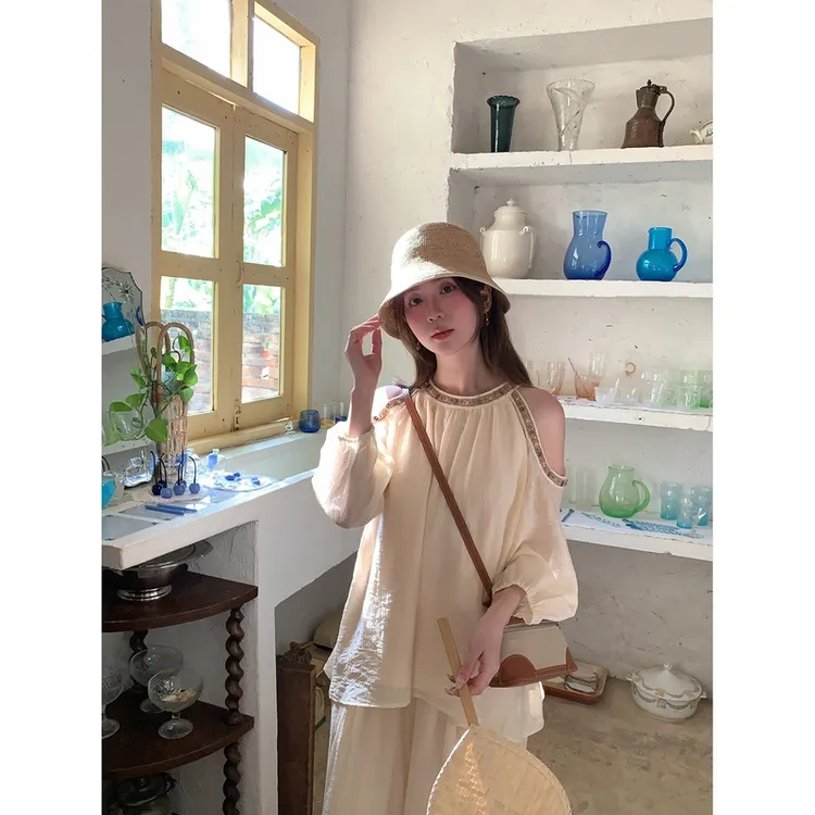 DaLin夏季波西米亚风露肩宽松显瘦透气薄款上衣休闲裤两件套女