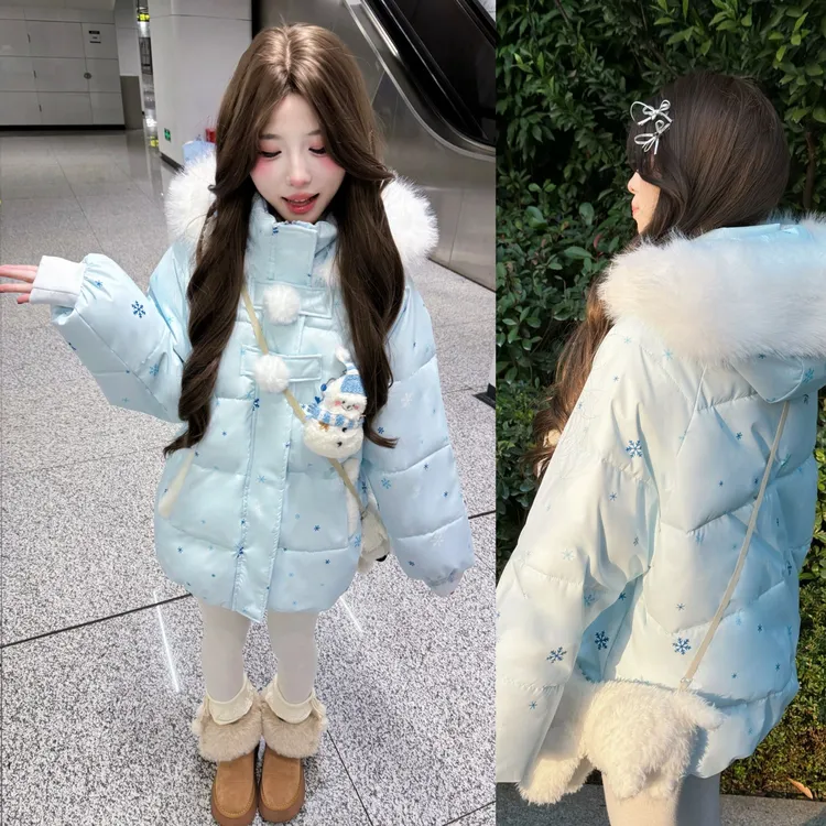 甜美风满印雪人雪花连帽棉服女冬季加厚保暖棉服外套小个子棉袄
