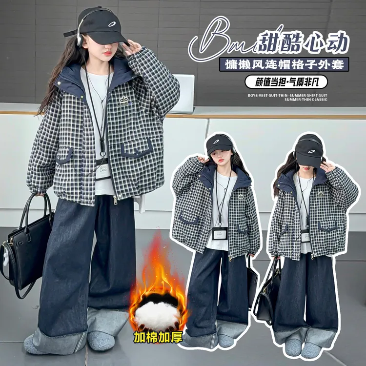 女童冬款夹棉厚款棉衣儿童时尚新品6-12岁女孩韩版连帽格子棉袄