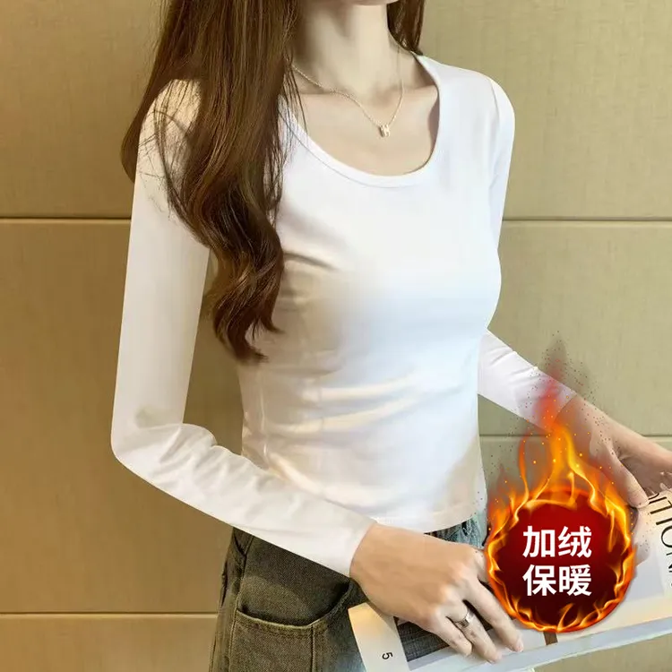 长袖t恤女纯棉修身圆领设计感小众上衣加绒加厚保暖v领短款打底衫