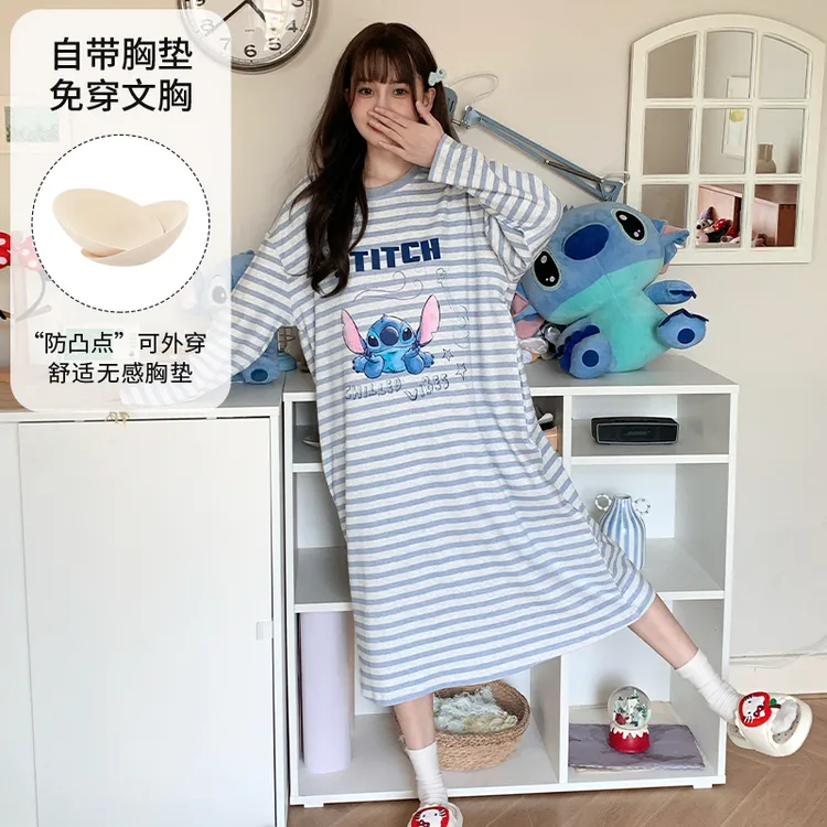  Disney/迪士尼春秋新款套头长袖带胸垫睡衣女宽松休闲家居服0146