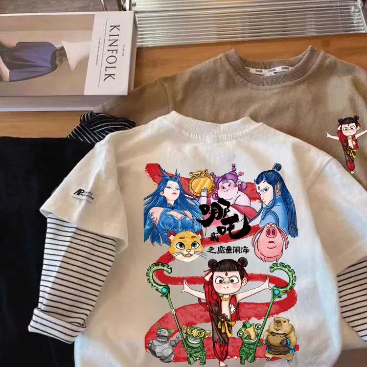 哪吒衣服儿童长袖春秋新款男女中小童t恤纯棉圆领洋气外穿上衣t潮
